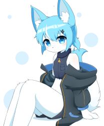 Rule 34 | 1girl, 2023, animal ear fluff, blue eyes, blue hair, blush, furry, furry female, gray hoodie, highres, looking at viewer, navel, shirom, sitting, tail, white background, white fur