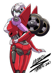 Rule 34 | 1girl, 2023, absurdres, arcee, artist name, ass, autobot, blue eyes, breasts, from side, glowing, glowing eyes, hand on own hip, head tilt, highres, looking at viewer, mecha, medium breasts, open mouth, robot, sakamoto hayato, science fiction, simple background, smile, solo, transformers, transformers: rise of the beasts, transformers (live action), white background