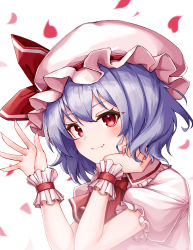 Rule 34 | 1girl, absurdres, closed mouth, fang, hand up, hat, highres, looking at viewer, mob cap, petals, puffy short sleeves, puffy sleeves, purple hair, red eyes, remilia scarlet, setsurimu (pro viden), short hair, short sleeves, simple background, skin fang, smile, solo, touhou, upper body, white background, wrist cuffs
