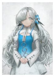 Rule 34 | 1girl, absurdres, blue dress, blue flower, blue hair, coqc, dress, expressionless, flower, gradient dress, grey eyes, grey hair, hair flower, hair ornament, hair over one eye, highres, isekai joucho, kamitsubaki studio, long hair, long sleeves, looking at viewer, multicolored hair, own hands together, parted lips, solo, two-tone dress, two-tone hair, upper body, very long hair, virtual youtuber, white dress