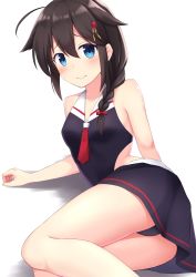 Rule 34 | 1girl, adapted costume, ahoge, akahi242, black hair, black one-piece swimsuit, black skirt, blue eyes, braid, casual one-piece swimsuit, commentary request, hair flaps, hair over shoulder, highres, kantai collection, looking at viewer, lying, on side, one-piece swimsuit, pleated skirt, shigure (kancolle), shigure kai ni (kancolle), simple background, single braid, skirt, solo, swimsuit, white background