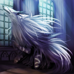 Rule 34 | bloodborne, claws, horns, murai shinobu, no humans, own hands clasped, own hands together, sharp teeth, teeth, veil over eyes, vicar amelia, window, wold, wolf