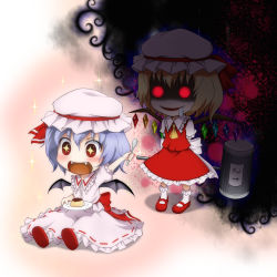 Rule 34 | + +, 2girls, arm up, ascot, bat wings, blonde hair, blue hair, blush, chibi, drooling, fangs, female focus, flandre scarlet, food, frilled skirt, frills, glowing, glowing eyes, hammer, mount whip, multiple girls, open mouth, pink skirt, plate, pudding, red eyes, red skirt, remilia scarlet, shirt, siblings, sisters, sitting, skirt, skirt set, smile, sparkle, spoon, touhou, wings