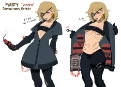 Rule 34 | 1girl, absurdres, arm behind back, bandeau, black bandeau, black coat, black gloves, black pants, blonde hair, blue coat, blue eyes, cable, character name, coat, earrings, english text, eyepatch, gloves, highres, holding dynamite, jewelry, lit fuse, marty (porqueloin), medium hair, mole, mole under eye, multiple views, open clothes, open coat, original, pants, partially unzipped, porqueloin, scar, scar on breasts, scar on chest, scar on stomach, talking