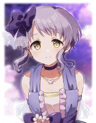 Rule 34 | 1girl, blurry, blurry background, blurry foreground, bow, butterfly necklace, choker, commentary, dot nose, dress, flat chest, frilled dress, frills, hair bow, highres, idolmaster, idolmaster million live!, light blush, looking at viewer, makabe mizuki, purple background, purple bow, purple choker, purple dress, purple hair, see-through, short hair, sidelocks, sleeveless, sleeveless dress, smile, solo, symbol-only commentary, toro (shiro), upper body, wavy hair, yellow eyes