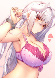 Rule 34 | 1girl, armpit cutout, arms up, black scrunchie, blush, bra, breasts, cleavage, closed mouth, clothing cutout, collarbone, grey eyes, hair between eyes, hair intakes, hair ornament, hair tie, hairclip, highres, horns, lace, lace-trimmed bra, lace trim, large breasts, long hair, looking at viewer, original, pink bra, red eyes, scrunchie, simple background, solo, tatapopo, tying hair, underwear, underwear only, upper body, wrist scrunchie
