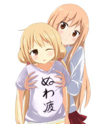 Rule 34 | 10s, 2girls, bike shorts, blonde hair, blush, brown eyes, brown hair, clothes writing, crossover, doma umaru, flat chest, flat chest grab, futaba anzu, grabbing, grabbing another&#039;s breast, himouto! umaru-chan, idolmaster, idolmaster cinderella girls, long hair, low twintails, multiple girls, one eye closed, school uniform, season connection, shirt, shorts, simple background, skirt, smile, striped clothes, striped legwear, striped shorts, t-shirt, tagfly27qt, trait connection, translation request, twintails, wavy mouth, white background, yuri