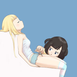 Rule 34 | 2girls, bare shoulders, black hair, blonde hair, blue background, blue eyes, blue shirt, blue thighhighs, blunt bangs, blush, breasts, closed mouth, creatures (company), female focus, female pervert, from side, game freak, half-closed eyes, happy, highres, leaning back, legs, lifting another&#039;s clothes, light blush, lillie (pokemon), looking at another, looking at pussy, looking down, micro shorts, microsd (pibo), multiple girls, nintendo, no panties, nose blush, open mouth, pervert, pokemon, pokemon sm, profile, selene (pokemon), shirt, short hair, short sleeves, shorts, shorts lift, sidelocks, simple background, sitting, small breasts, smile, strapless, striped clothes, striped thighhighs, thighhighs, thighs, tube top, yellow shirt, yuri