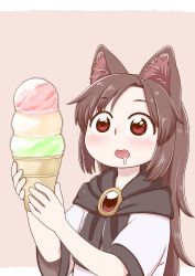 Rule 34 | 1girl, aged down, animal ear fluff, black scarf, blouse, brown hair, commentary request, drooling, food, gem, grey background, holding, ice cream, ice cream cone, imaizumi kagerou, long hair, open mouth, poronegi, scarf, shirt, short sleeves, simple background, solo, touhou, upper body, white shirt, wide-eyed