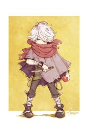 Rule 34 | 1boy, bracelet, chibi, gloves, hair over one eye, jewelry, knife, long hair, male focus, octopath traveler, octopath traveler i, scarf, short hair, shouta (shbz), simple background, smile, solo, therion (octopath traveler), weapon, white hair