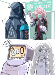 Rule 34 | 1boy, 1other, animal ears, ansel (arknights), arknights, coronavirus pandemic, doctor, doctor (arknights), drooling, english text, exhausted, highres, hm (hmongt), hood, hooded jacket, jacket, mask, mouth mask, pink hair, purple hair, rabbit ears, scanner