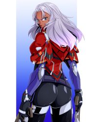 Rule 34 | 1girl, absurdres, andoryu anzuru, angry, ass, blue eyes, bodysuit, breasts, dark-skinned female, dark skin, dual wielding, elma (xenoblade x), from behind, gloves, gun, highres, holding, long hair, looking at viewer, shiny clothes, sideboob, silver hair, skin tight, solo, weapon, xenoblade chronicles (series), xenoblade chronicles x