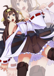 Rule 34 | 10s, 1girl, bad id, bad pixiv id, bare shoulders, boots, brown hair, detached sleeves, grey eyes, hairband, highres, japanese clothes, kaili, kantai collection, kongou (kancolle), multiple girls, nontraditional miko, personification, pleated skirt, ribbon-trimmed sleeves, ribbon trim, skirt, solo, thigh boots, thighhighs, wide sleeves, zettai ryouiki