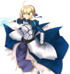 Rule 34 | 1girl, ahoge, armor, armored dress, artoria pendragon (all), artoria pendragon (fate), bad id, bad pixiv id, blonde hair, blue ribbon, breasts, dutch angle, excalibur (fate/stay night), fate/grand order, fate/stay night, fate (series), gauntlets, green eyes, hair ornament, invisible air (fate), juliet sleeves, katidoki, long sleeves, looking at viewer, puffy sleeves, ribbon, saber (fate), smile, solo, white background