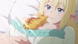 1girl animated anime_screenshot aria_(beheneko) bed bedroom blonde_hair blue_eyes blush breasts cat cleavage ear_licking ear_wiggle elf heart heart-shaped_pupils highres huge_breasts large_breasts licking long_hair nightgown on_bed open_mouth pajamas pointy_ears s-rank_monster_no_&quot;behemoth&quot;_dakedo_neko_to_machigawarete_elf_musume_no_pet_toshite_kurashitemasu sidelocks sound symbol-shaped_pupils tagme tama_(beheneko) video