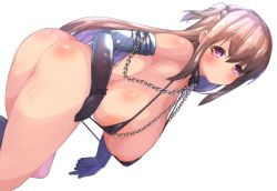 Rule 34 | 1girl, areola slip, ass, black gloves, black one-piece swimsuit, blush, breasts, brown hair, byakuya mika, chain, collar, elbow gloves, female focus, gloves, huge breasts, large areolae, long hair, looking at viewer, one-piece swimsuit, original, pink eyes, profile, sagging breasts, shiroie mika, sideboob, simple background, slingshot swimsuit, solo, standing, swimsuit, white background