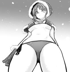 Rule 34 | 1girl, anayama (anayama radio), bikini, blush, boko (girls und panzer), capelet, christmas, closed mouth, commentary, from below, fur-trimmed capelet, fur trim, girls und panzer, girls und panzer senshadou daisakusen!, gloves, greyscale, highres, hood, hood up, hooded capelet, light frown, looking at viewer, looking down, medium hair, monochrome, navel, santa bikini, santa gloves, short hair, side-tie bikini bottom, snowing, solo, standing, swimsuit