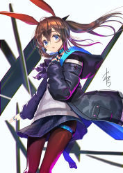 Rule 34 | 1girl, amiya (arknights), animal ears, arknights, black coat, blue eyes, blue skirt, brown hair, brown pantyhose, coat, cowboy shot, floating hair, frilled shirt collar, frills, hair between eyes, hand on own chest, hood, hooded coat, jewelry, long hair, long sleeves, looking at viewer, miniskirt, multiple rings, neck ring, pantyhose, parted lips, plaid, plaid skirt, ponytail, rabbit ears, ribbed sweater, ring, signature, simple background, skirt, solo, sweater, thigh strap, white background, white sweater, yamahara