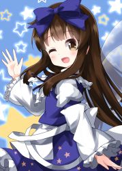 Rule 34 | 1girl, apron, blue background, blue bow, blue dress, blunt bangs, bow, brown eyes, brown hair, cowboy shot, dress, fairy wings, from side, hair between eyes, hair bow, highres, hime cut, juliet sleeves, long hair, long sleeves, looking at viewer, looking to the side, one eye closed, open mouth, puffy sleeves, ruu (tksymkw), smile, solo, standing, star (symbol), star print, star sapphire, starry background, touhou, transparent wings, waist apron, white apron, wide sleeves, wings