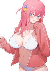 Rule 34 | 1girl, absurdres, blue eyes, bocchi the rock!, bra, breasts, commentary request, cube hair ornament, gotoh hitori, hair ornament, highres, huajitian, jacket, large breasts, long hair, looking at viewer, navel, one side up, open clothes, open jacket, panties, pink hair, pink jacket, simple background, solo, track jacket, underwear, white background, white bra, white panties