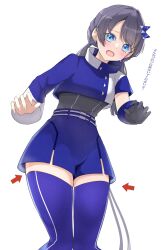 Rule 34 | 1girl, absurdres, arrow (symbol), asymmetrical sleeves, black gloves, blue eyes, blue hair, blue pants, blue ribbon, blue shirt, blue thighhighs, blush, collared shirt, commentary request, cropped shirt, dark blue hair, elbow gloves, embarrassed, feet out of frame, gloves, hair ribbon, high-waist shorts, high collar, highres, ladybug/beauty (love live!), link! like! love live!, long hair, long sleeves, love live!, low twintails, murano sayaka, official alternate costume, pants, ribbon, shirt, short shorts, short sleeves, shorts, simple background, single elbow glove, single glove, solo, thighhighs, thighs, tomoe (tomoe 200), translation request, twintails, uneven sleeves, virtual youtuber, white background