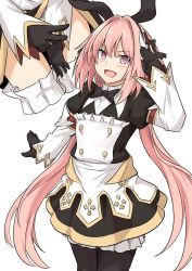 Rule 34 | 1boy, astolfo (fate), astolfo (saber) (fate), astolfo (saber) (third ascension) (fate), black bow, black gloves, black ribbon, blush, bow, dress, fate/grand order, fate (series), gloves, hair between eyes, hair bow, hair intakes, hair ribbon, long hair, long sleeves, looking at viewer, low twintails, male focus, multicolored hair, multiple views, open mouth, pink hair, purple eyes, ribbon, shiseki hirame, simple background, smile, streaked hair, thighs, trap, twintails, v, white background, white hair