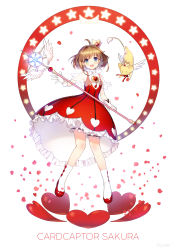 Rule 34 | 1girl, :d, absurdres, ahoge, brown hair, capelet, cardcaptor sakura, copyright name, crown, dress, feathered wings, floating hair, full body, gloves, green eyes, heart, heart print, high heels, highres, holding, holding staff, kangyui, kero (cardcaptor sakura), kinomoto sakura, long hair, looking at viewer, mini crown, open mouth, petals, puffy shorts, pumps, red dress, red footwear, see-through, shorts, shorts under dress, simple background, sleeveless, sleeveless dress, smile, socks, staff, white background, white footwear, white gloves, white legwear, white wings, wings