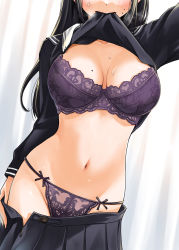 Rule 34 | 1girl, black hair, black skirt, blush, bra, breasts, clothes in mouth, clothes lift, commentary request, curtains, dojirou, highres, lace, lace bra, lace panties, large breasts, long hair, mole, mole on breast, mouth hold, navel, original, panties, pleated skirt, purple bra, purple panties, school uniform, serafuku, shirt in mouth, shirt lift, skirt, unworn skirt, stomach, sweatdrop, thighs, underwear
