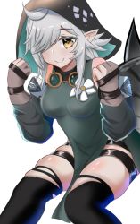 Rule 34 | 1girl, ahoge, arknights, bare shoulders, black thighhighs, breasts, clenched hand, crocodilian tail, dr. yeshu, goggles, goggles around neck, grey hair, hair over one eye, hands up, hood, long hair, looking at viewer, medium breasts, pointy ears, simple background, skindentation, solo, tail, thighhighs, thighs, tomimi (arknights), torn clothes, torn thighhighs, white background, yellow eyes