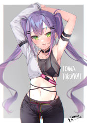 Rule 34 | 1girl, arm strap, arms behind head, arms up, bad id, bad twitter id, bikini, bikini under clothes, black bikini, black choker, black pants, blush, breasts, character name, choker, commentary request, cowboy shot, fang, green eyes, hair ornament, hairclip, highres, hololive, izumi kei, long hair, long sleeves, looking at viewer, medium breasts, multicolored hair, navel, pants, panty straps, parted lips, pink hair, purple hair, see-through, signature, single sleeve, skin fang, smile, solo, standing, stomach, streaked hair, swimsuit, tokoyami towa, twintails, very long hair, virtual youtuber