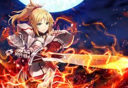 Rule 34 | 1girl, armor, armored dress, blonde hair, braid, clarent (fate), dress, fate/grand order, fate (series), fire, full moon, gabiran, green eyes, holding, holding sword, holding weapon, lightning, long hair, looking at viewer, moon, mordred (fate), mordred (fate/apocrypha), night, outdoors, parted lips, ponytail, red dress, sky, smile, solo, star (sky), starry sky, sword, weapon