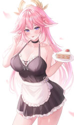 Rule 34 | 1girl, :p, absurdres, alternate costume, animal ears, apron, bare arms, bare shoulders, black dress, breasts, cake, cleavage, commentary, cowboy shot, dress, food, fox ears, genshin impact, hasom, highres, holding, holding plate, large breasts, long hair, looking at viewer, petticoat, pink hair, plate, purple eyes, short dress, simple background, sleeveless, sleeveless dress, smile, solo, standing, thighs, tongue, tongue out, very long hair, waist apron, white apron, white background, yae miko