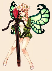 Rule 34 | 1girl, bare legs, blonde hair, blush, bow (weapon), braid, butterfly wings, crossbow, fairy, flower, full body, hair flower, hair ornament, haruhito (divineshalt), head wreath, insect wings, looking at viewer, medium hair, mercedes (odin sphere), odin sphere, pointy ears, puff and slash sleeves, puffy sleeves, red eyes, solo, twin braids, weapon, white footwear, wings