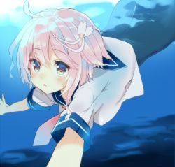 Rule 34 | 10s, 1girl, ahoge, hair ornament, i-58 (kancolle), kantai collection, looking at viewer, mayachi (amuriya), parted lips, pink hair, school swimsuit, school uniform, serafuku, short hair, sketch, solo, submerged, swimsuit, swimsuit under clothes