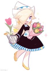 Rule 34 | 1girl, black dress, blonde hair, blue eyes, dress, earrings, flower, full body, hair over one eye, hat, highres, holding, holding watering can, jewelry, long hair, looking at viewer, mario (series), mario kart, mario kart tour, nintendo, official alternate costume, open mouth, oxo xwo, rosalina, rosalina (volendam), solo, star (symbol), star earrings, watering can, white background, white hat, yellow footwear