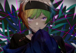 Rule 34 | 1boy, choker, commentary request, eyes visible through hair, grin, headband, heridy, highres, iida rintarou, lip piercing, looking at viewer, male focus, multicolored hair, ookami game (studio wasabi), piercing, purple eyes, rainbow hair, safety pin, shadow, sleeves past fingers, sleeves past wrists, smile, solo