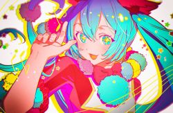 Rule 34 | 1girl, aqua eyes, aqua hair, commentary, dress, drop shadow, english commentary, hand up, hatsune miku, haun, looking at viewer, musical note, open mouth, pom pom (clothes), project sekai, red dress, simple background, smile, solo, sparkling eyes, twintails, upper body, vocaloid, white background, wonderlands x showtime (project sekai), wonderlands x showtime miku