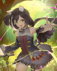 Rule 34 | 1girl, 385oo, animal ear fluff, animal ears, bad id, bad pixiv id, bare shoulders, black hair, blue dress, blush, breasts, brooch, cat ears, cat girl, cat tail, commentary, detached sleeves, dress, foreshortening, frilled dress, frills, grass, green eyes, highres, jewelry, karyl (princess connect!), long hair, looking at viewer, low twintails, multicolored hair, open mouth, outstretched arm, perspective, princess connect!, sheet music, solo, streaked hair, tail, thighhighs, tree, twintails, very long hair, white hair