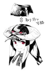 Rule 34 | 1girl, animal ears, braid, closed mouth, diagram, greyscale, hat, unworn hat, unworn headwear, horned girl (jaco), horns, jaco, long hair, looking at viewer, monochrome, necktie, original, red eyes, simple background, smile, solo, spot color, translation request, white background