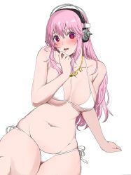 Rule 34 | 1girl, bikini, blush, breasts, cleavage, cowboy shot, headphones, highres, large breasts, long hair, looking at viewer, nishikino kee, nitroplus, open mouth, pink eyes, pink hair, simple background, solo, super sonico, swimsuit