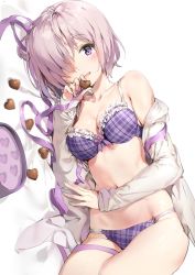 Rule 34 | 1girl, alternate costume, anmi, box, bra, breasts, candy, chocolate, chocolate heart, fate/grand order, fate (series), food, gift, gift box, hair over one eye, heart, highres, looking at viewer, lying, mash kyrielight, medium breasts, navel, on side, panties, plaid, plaid bra, plaid panties, purple bra, purple eyes, purple hair, purple panties, shirt, simple background, smile, solo, underwear, valentine, white background, white shirt
