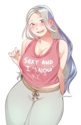 Rule 34 | 1girl, :d, absurdres, bare arms, blush, breasts, chadolbaegi, cleavage, clothes writing, commentary, creatures (company), curvy, english text, game freak, gym leader, highres, large breasts, long hair, looking at viewer, mature female, melony (pokemon), multicolored hair, nintendo, old, old woman, open mouth, pokemon, pokemon swsh, pun, silver hair, simple background, smile, solo, thick thighs, thighs, two-tone hair, white background, wide hips