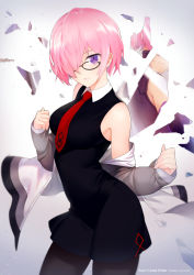 Rule 34 | 1girl, armor, artist name, bare shoulders, black-framed eyewear, black dress, black pantyhose, blurry, breasts, broken glass, closed mouth, collared dress, copyright name, cowboy shot, depth of field, diamond (shape), different reflection, dress, eyelashes, fate/grand order, fate (series), felix (felix901123), glass, glasses, grey background, grey jacket, hair over one eye, highres, jacket, light particles, long sleeves, looking at viewer, mash kyrielight, medium breasts, mirror, necktie, off shoulder, one eye covered, open clothes, open jacket, pantyhose, pink hair, print necktie, purple eyes, red necktie, reflection, shards, short dress, short hair, sleeveless, smile, solo
