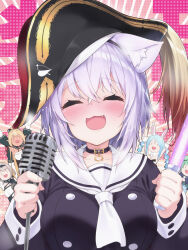 5girls animal_ears armpits arms_up ascot blonde_hair blue_hair blush cat_ears collar fang glowstick green_hair grey_hair hair_ribbon hairband hakui_ami hat highres hololive long_hair microphone multiple_girls nekomata_okayu open_mouth pointy_ears ponytail purple_hair ribbon shiranui_flare shirogane_noel short_hair smile upper_body uruha_rushia usada_pekora virtual_youtuber |_|