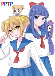 Rule 34 | 2girls, :3, absurdres, blonde hair, blue eyes, blue hair, blue sailor collar, blue skirt, blunt bangs, blunt ends, bow, chibi, chibi on head, closed mouth, collarbone, copyright name, cowboy shot, hair bow, hair ornament, hair scrunchie, hand up, head tilt, highres, kyoya6, light brown hair, long sleeves, looking at viewer, multiple girls, neckerchief, on head, pipimi, pleated skirt, poptepipic, popuko, purple hair, red bow, red neckerchief, sailor collar, school uniform, scrunchie, serafuku, simple background, skirt, smile, twintails, upper body, v, wavy mouth, white background, white serafuku, yellow eyes, yellow scrunchie