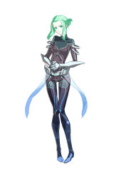 Rule 34 | 1girl, absurdres, bodysuit, breasts, closed mouth, elbow gloves, folded ponytail, full body, gloves, green eyes, green hair, hair bun, head tilt, high heels, highres, kira (mugen kouro), long legs, looking at viewer, matching hair/eyes, mugen kouro, official art, own hands together, see-through, short hair with long locks, sidelocks, simple background, single hair bun, skin tight, skinny, small breasts, solo, standing, takeyasu sawaki, thigh gap, turtleneck, white background