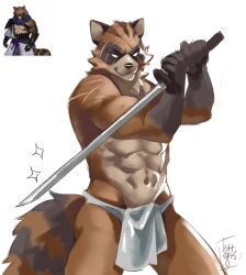 1boy abs animal_ears artist_name bara closed_mouth commentary cross_scar english_commentary facing_viewer fortnite fundoshi furry furry_male hajime_(fortnite) highres holding holding_sword holding_weapon japanese_clothes katana lettegisgisgis male_focus multiple_scars muscular muscular_male navel pectorals raccoon_boy raccoon_ears raccoon_tail reference_inset scar scar_across_eye scar_on_face scar_on_shoulder smile sparkle sword tail topless_male weapon white_background