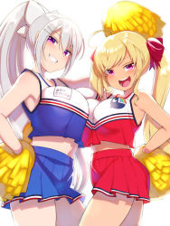 Rule 34 | 2girls, :d, ahoge, blonde hair, blue skirt, breasts, cheerleader, clenched teeth, commentary request, hair between eyes, hair ornament, hair ribbon, hairclip, hand on own hip, highres, higuchi kaede, konboi-eg, large breasts, long hair, looking at viewer, midriff, mole, mole under eye, multiple girls, navel, nijisanji, open mouth, pink eyes, pleated skirt, pom pom (cheerleading), ponytail, purple eyes, red ribbon, red skirt, ribbon, simple background, skirt, smile, takamiya rion, teeth, twintails, virtual youtuber, white background, white hair