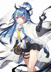 Rule 34 | 1girl, absurdres, arknights, black gloves, black skirt, blue eyes, blue hair, blush, breasts, coat, cup, dragon horns, elbow gloves, feet out of frame, gloves, gourd, gradient hair, highres, holding, holding cup, horns, ink, large breasts, leaning forward, ling (arknights), long hair, long sleeves, looking at viewer, mayfree, miniskirt, multicolored hair, necktie, open clothes, open coat, parted lips, pointy ears, red hair, shirt, simple background, skirt, smile, solo, standing, thighs, very long hair, white background, white coat, white shirt, wide sleeves, yellow necktie