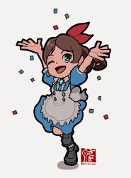 Rule 34 | 1girl, ace attorney, apron, arms up, black footwear, blue dress, blue eyes, bow, confetti, dress, earrings, hair bow, happy, highres, jewelry, one eye closed, open mouth, saginoko, short hair, simple background, smile, tongue, trucy wright